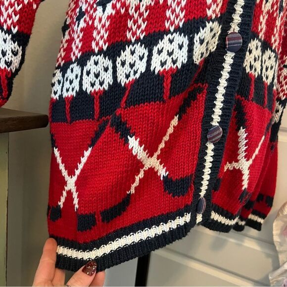 Vintage PBJ Sport 90s 80s Red Blue White Golf Prep Novelty Cardigan Sweater Sz M - Picture 5 of 16